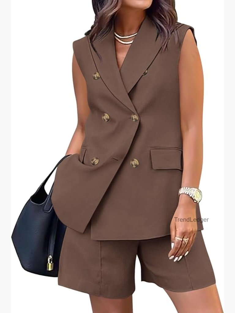 Women's 2 Piece Vest Shorts Set With Pockets Business Casual